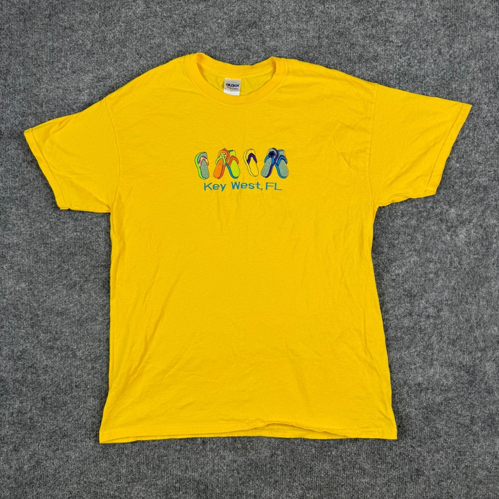Gildan T-Shirt Mens Size L Yellow Key West FL Flip Flop Embroidered Graphic Tee